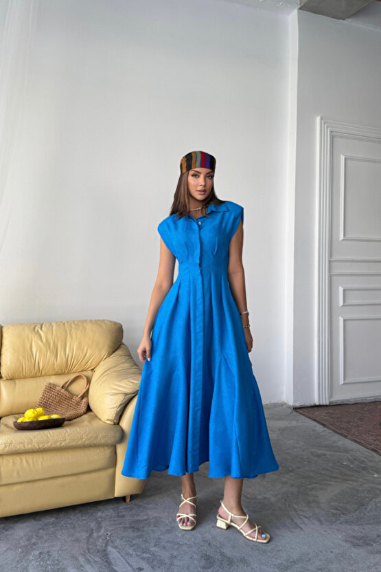 JAKARLI KETEN ELBİSE ÖNDEN YIRTMAÇLI CEPLİ - Saks