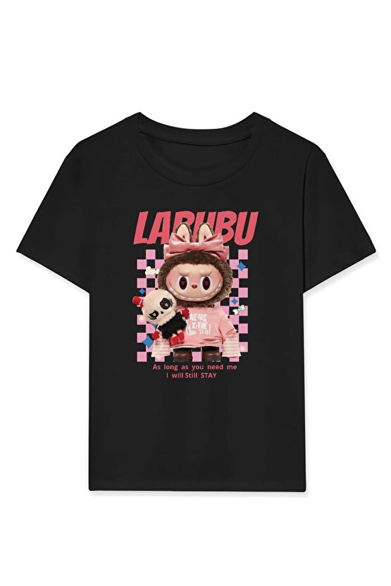 Kız Labubu Çocuk Baskılı T-Shirt - Siyah