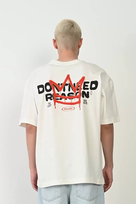 Unisex Bisiklet Yaka Baskılı Oversize T-Shirt - Beyaz