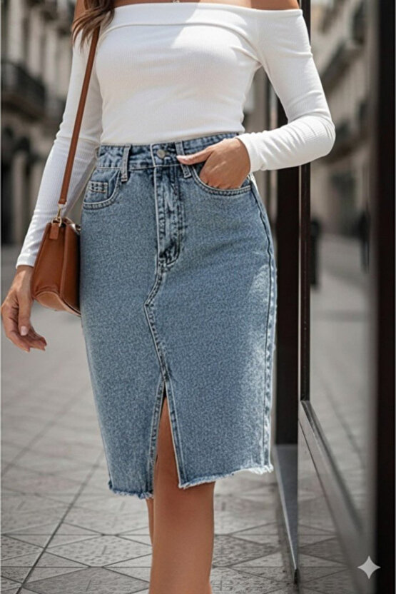 EQURİ Kadın Elastik Bel Yırtık Kenar Detaylı Kot Etek