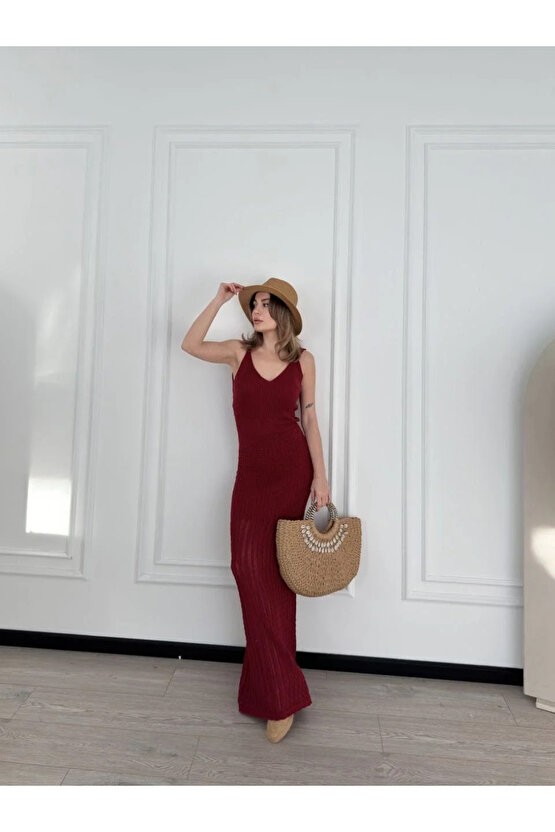 Örgülü Uzun Triko Elbise - Bordo