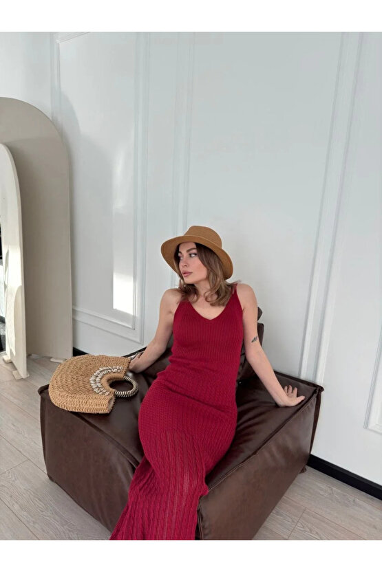 Örgülü Uzun Triko Elbise - Bordo