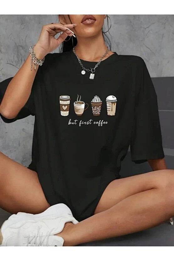 201 Penye Compack Baskılı Oversize Kahve Desenli Kadın Kısa Kol Yazlık T-shirt - Siyah