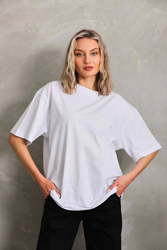 Unisex Bisiklet Yaka 201 Düz Oversize T-Shirt - Beyaz