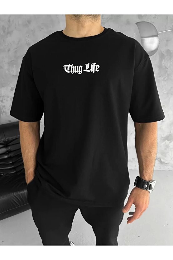 Unisex Bisiklet Yaka Baskılı Oversize T-Shirt - Siyah