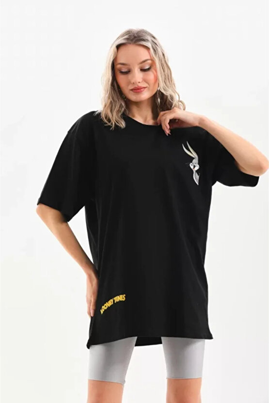 Gökyüzü Moda Unisex Baskılı Oversize T-Shirt - Siyah