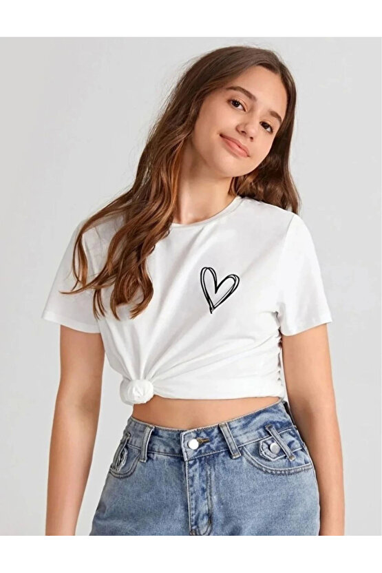 Kız Çocuk Bisiklet Yaka Baskılı T-Shirt - Beyaz