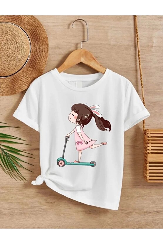 Kız Çocuk Bisiklet Yaka Baskılı T-Shirt - Beyaz
