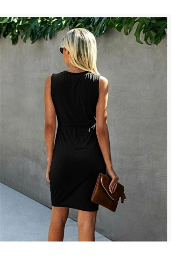 Kadın Kolsuz V Yaka Düğme Detay Beli Lastikli Eteği Kruvaze Viskon Elbise