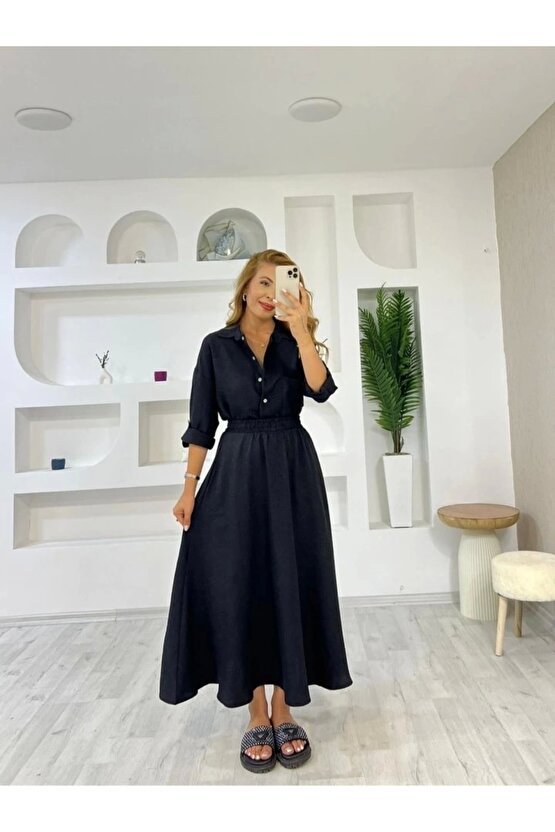 Kadın Keten Kumaş Gömlek Ve Etek Ikili Takim