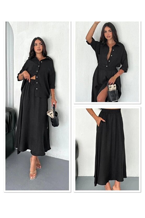 Kadın Keten Kumaş Gömlek Ve Etek Ikili Takim