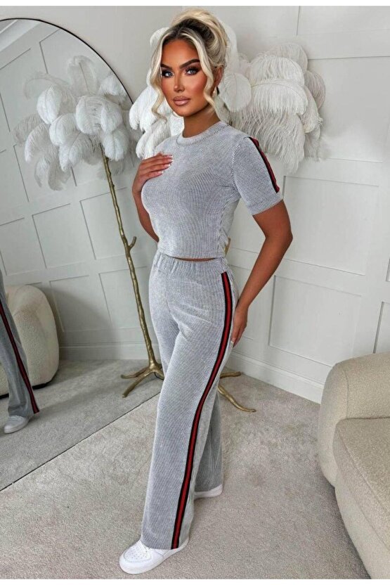 Kadın Bisiklet Yaka Yanı şerit Detay Bluz Ve Pantolon Ikili Takım