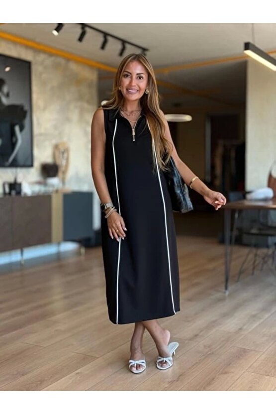 Kadın Modal Kumaş şerit Detaylı Fermuarlı Midi Elbise