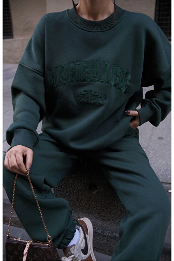 Bisiklet Yaka Nakış İşlemeli Üç İplik Sweat Takım - Yeşil