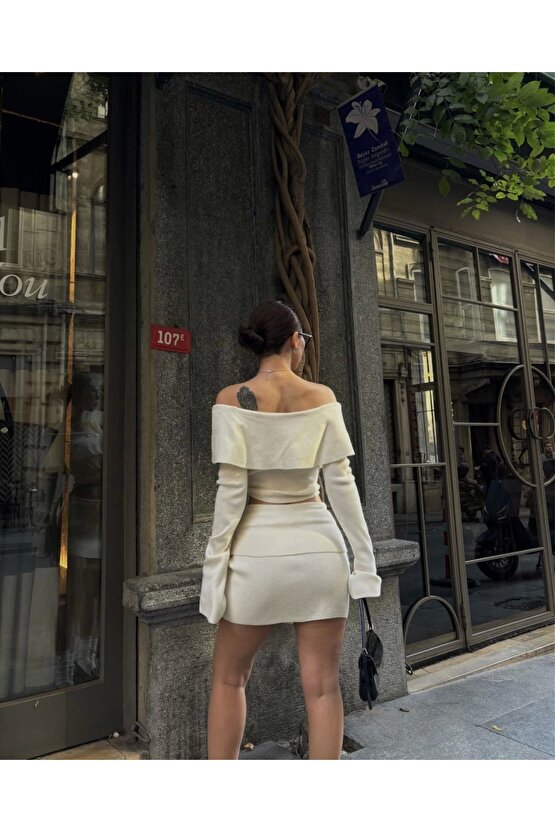 Straplez , Madonna , Carmen Yaka Croplu Mini Etekli ikili Takım Triko - Beyaz