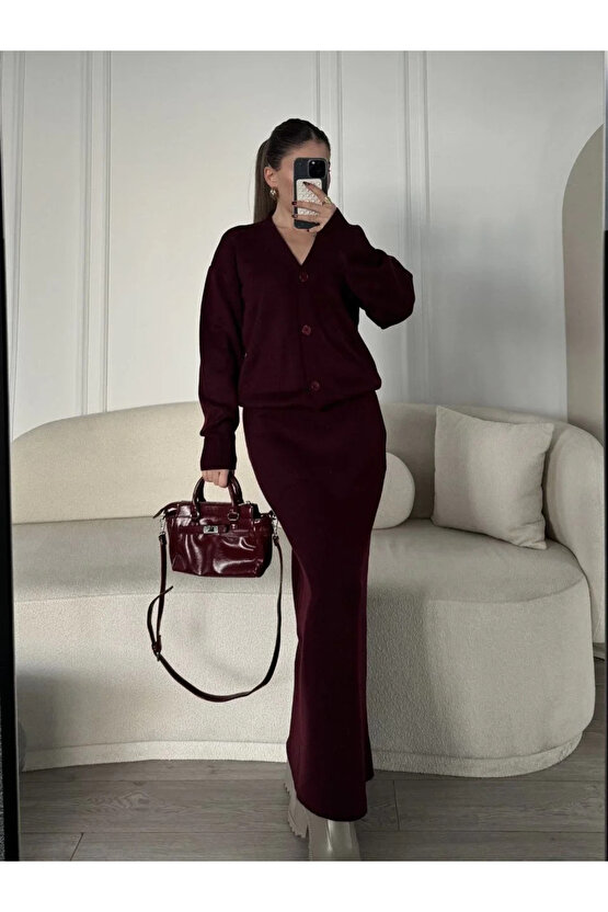 V Yaka 3 Düğmeli Hırka Takım Triko İkili Etekli - Bordo