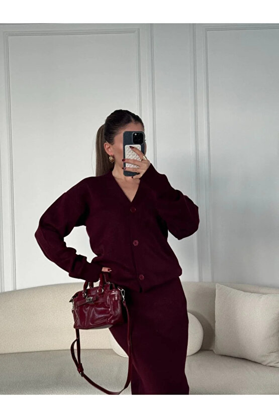 V Yaka 3 Düğmeli Hırka Takım Triko İkili Etekli - Bordo