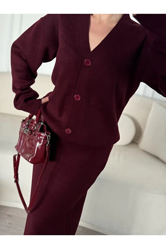 V Yaka 3 Düğmeli Hırka Takım Triko İkili Etekli - Bordo