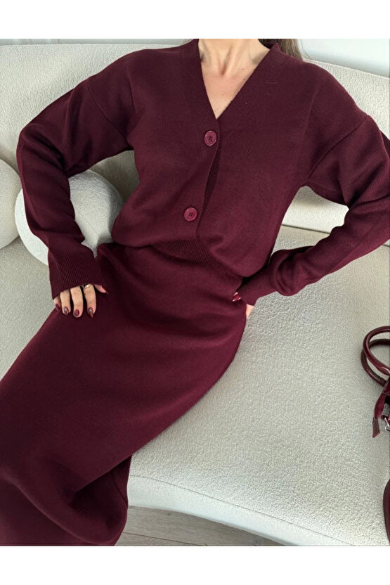 V Yaka 3 Düğmeli Hırka Takım Triko İkili Etekli - Bordo
