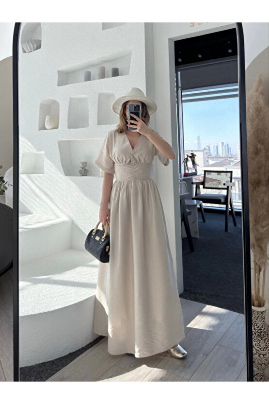 Kısa Kollu Uzun Elbise - Kırık Beyaz