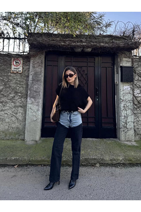 Kadın Jeans Kot Parçalı Palazzo Pantolon - Siyah