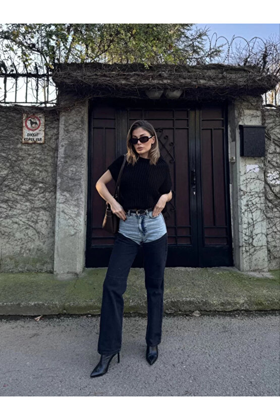 Kadın Jeans Kot Parçalı Palazzo Pantolon - Siyah