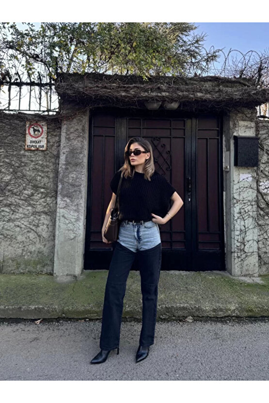 Kadın Jeans Kot Parçalı Palazzo Pantolon - Siyah