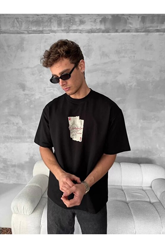 Ön ve Arka Baskılı Oversize Bisiklet Yaka T-shirt - Siyah