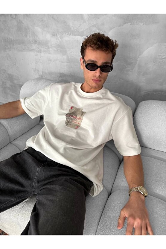 Ön ve Arka Baskılı Oversize Bisiklet Yaka T-shirt - Beyaz