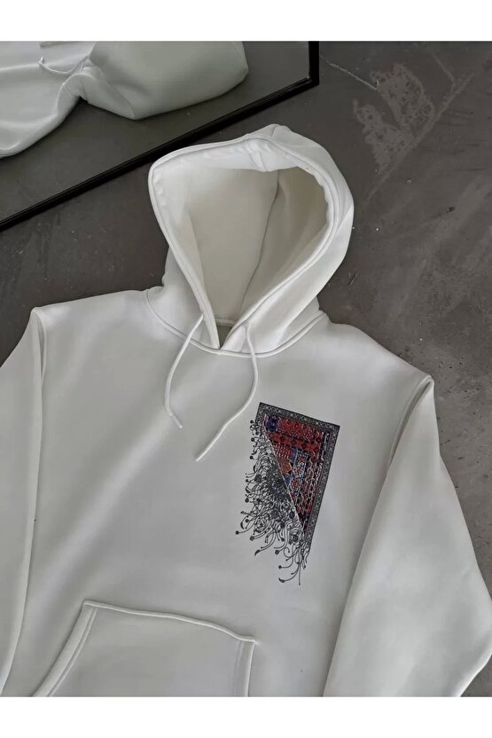 Uzun Kol Kapüşonlu Ön Ve Arka Baskılı SweatShirt - Beyaz
