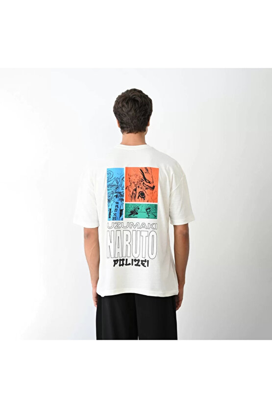 Unisex Bisiklet Yaka Baskılı Oversize T-Shirt - Beyaz