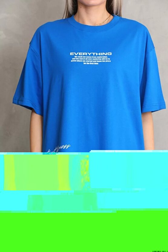 Unisex Bisiklet Yaka Baskılı Oversize T-Shirt - Mavi