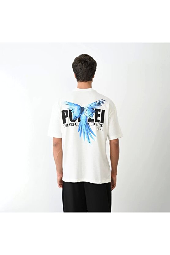 Unisex Bisiklet Yaka Baskılı Oversize T-Shirt - Beyaz