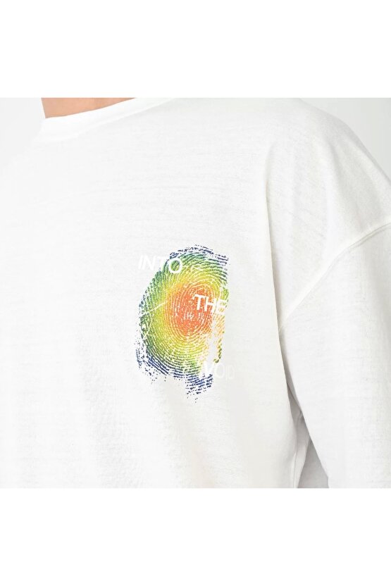 Unisex Bisiklet Yaka Baskılı Oversize T-Shirt - Beyaz