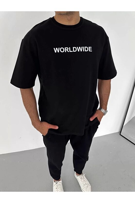 Unisex Bisiklet Yaka Baskılı Oversize T-Shirt - Siyah