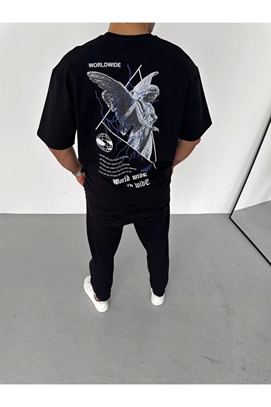 Unisex Bisiklet Yaka Baskılı Oversize T-Shirt - Siyah