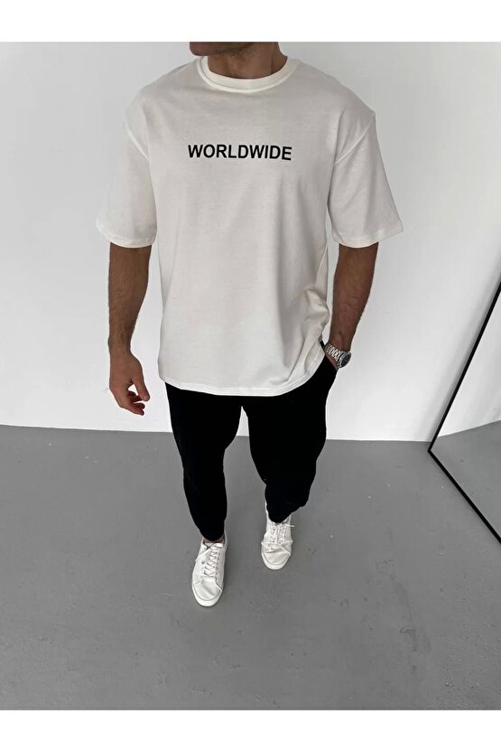 Unisex Bisiklet Yaka Baskılı Oversize T-Shirt - Beyaz