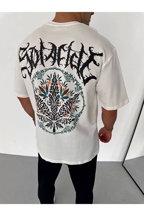 Unisex Bisiklet Yaka Baskılı Oversize T-Shirt - Beyaz