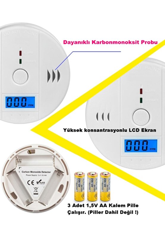 Lcd Ekran Duman Dedektör Alarm Cihazı Karbonmonoksit Dedektörü Kablosuz Pilli Duman Dedektörü