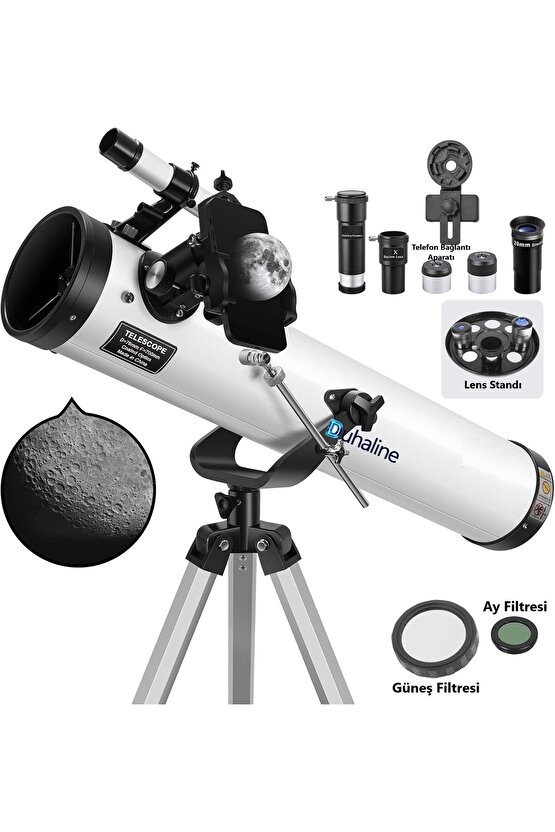 Reflektör Teleskop 76mm Diyafram 700mm Odak 35X-875X Zoom Ay & Güneş Filtresi+Telefon Tutucu+Tripod