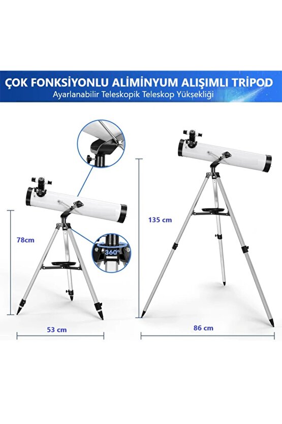 Reflektör Teleskop 76mm Diyafram 700mm Odak 35X-875X Zoom Ay & Güneş Filtresi+Telefon Tutucu+Tripod