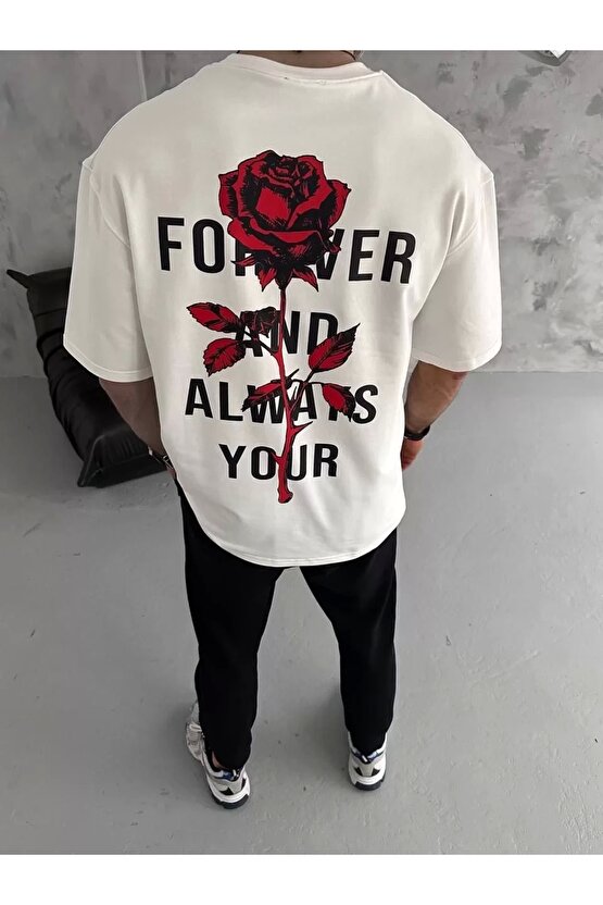 Unisex Bisiklet Yaka Baskılı Oversize T-Shirt - Beyaz