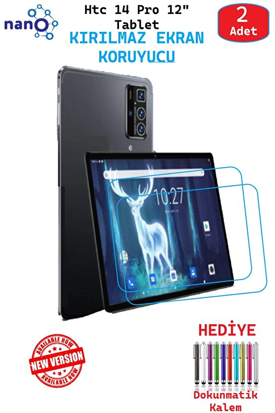 2 ADET HTC 14 PRO 12 Tablet İçin Tam Uyumlu Ekran Koruyucu Şeffaf Cam Nano HD Esnek Kırılmaz