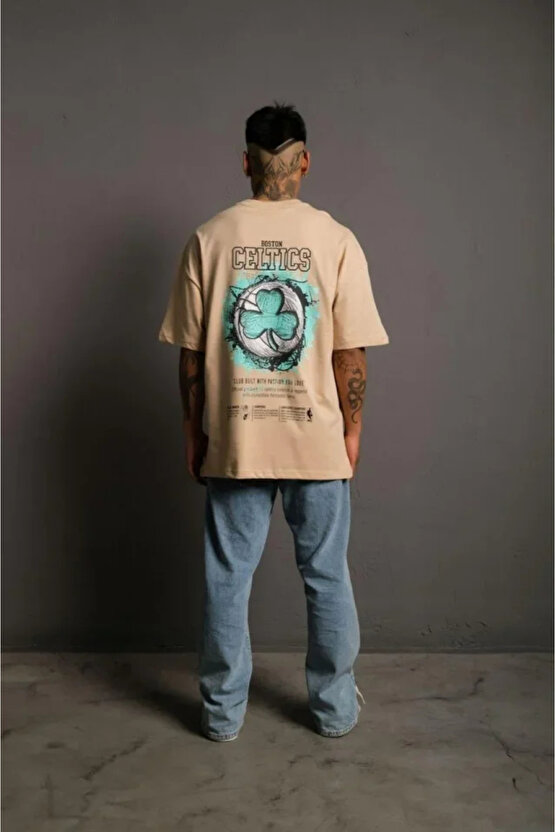 Erkek Sırt Baskılı T-shirt - Bej