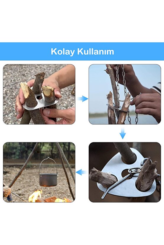 Paslanmaz Çelik Askı Kamp Tripodu Üç Ayaklı Halka, Zincirli ve Kancalı Kamp Tencere Askı Aparatı