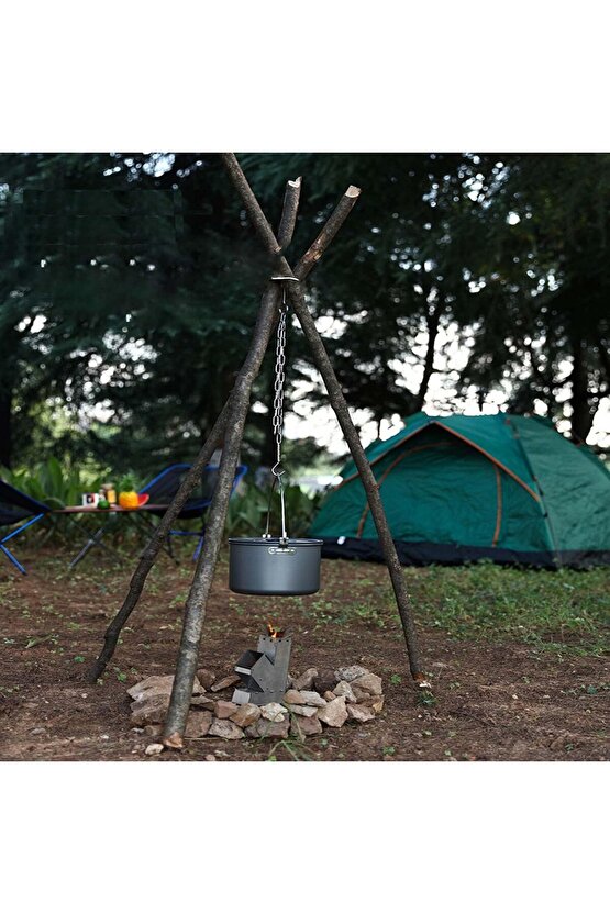 Paslanmaz Çelik Askı Kamp Tripodu Üç Ayaklı Halka, Zincirli ve Kancalı Kamp Tencere Askı Aparatı