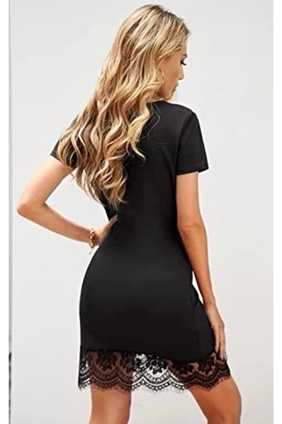 Kadın Kısa Kollu Kalp Yakalı Dantelli Dalgıç Elbise