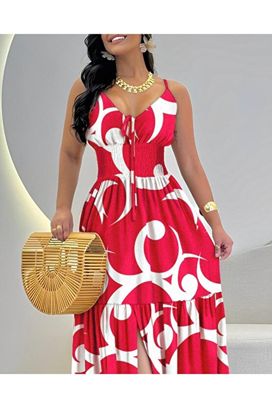 EQURİ Kadın Ip Askılı Dekolteli Bağcıklı Yırtmaçlı Desenli Süprem Elbise