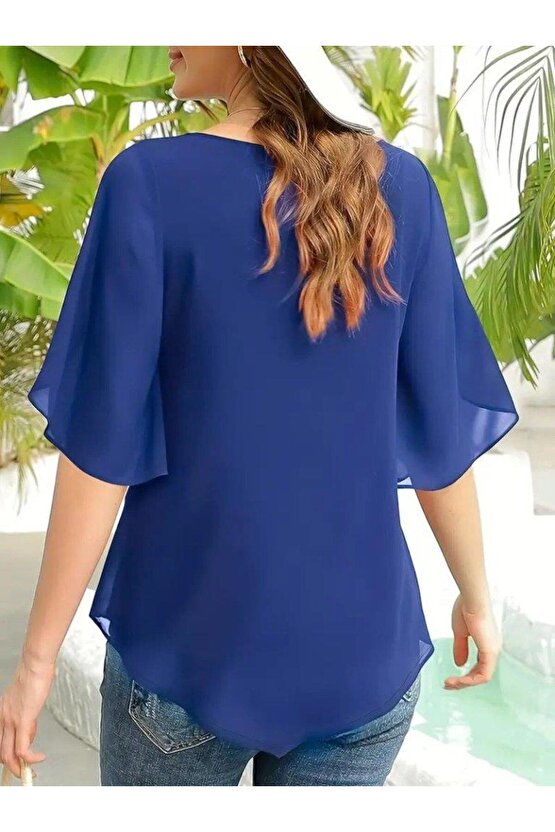 Kadın Kısa Yırtmaç Kollu Yuvarlak Yaka şifon Bluz