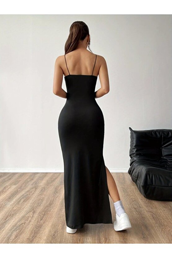 EQURİ Kadın Ip Askılı Yandan Yırtmaçlı Janjan Krep Elbise